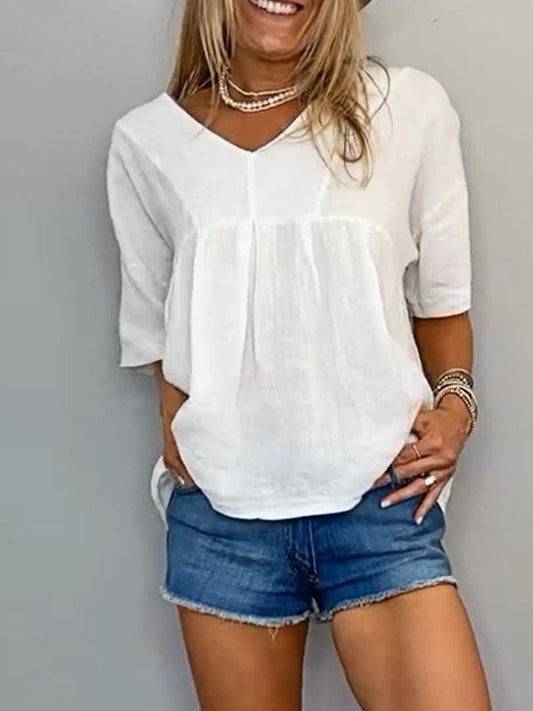 Women's Solid Color Cotton and Linen Top and Denim Shorts Two-piece Set Purchased Separately