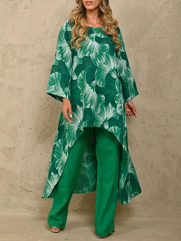 Printed long sleeve jumper irregular two-piece set Dark green