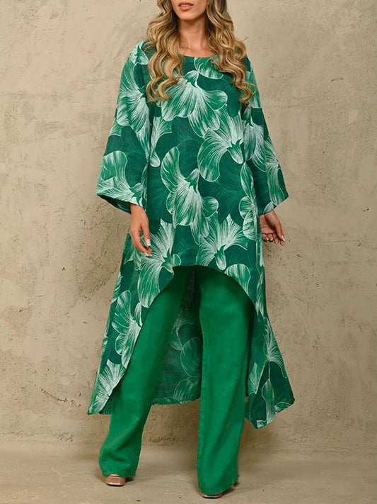 Printed long sleeve jumper irregular two-piece set Dark green