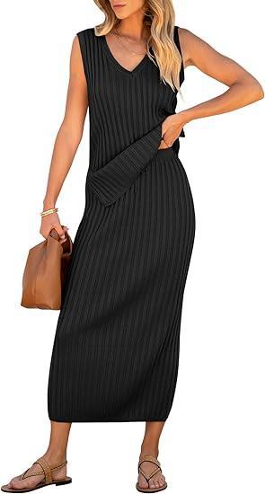 Women's V-neck Sleeveless Ribbed Skirt Suit