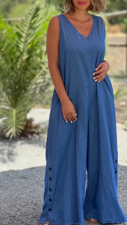 Women's Casual Fake Denim Wide Leg Jumpsuit