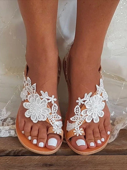 Pure White Flowers New Large Bohemian Flat Sandals