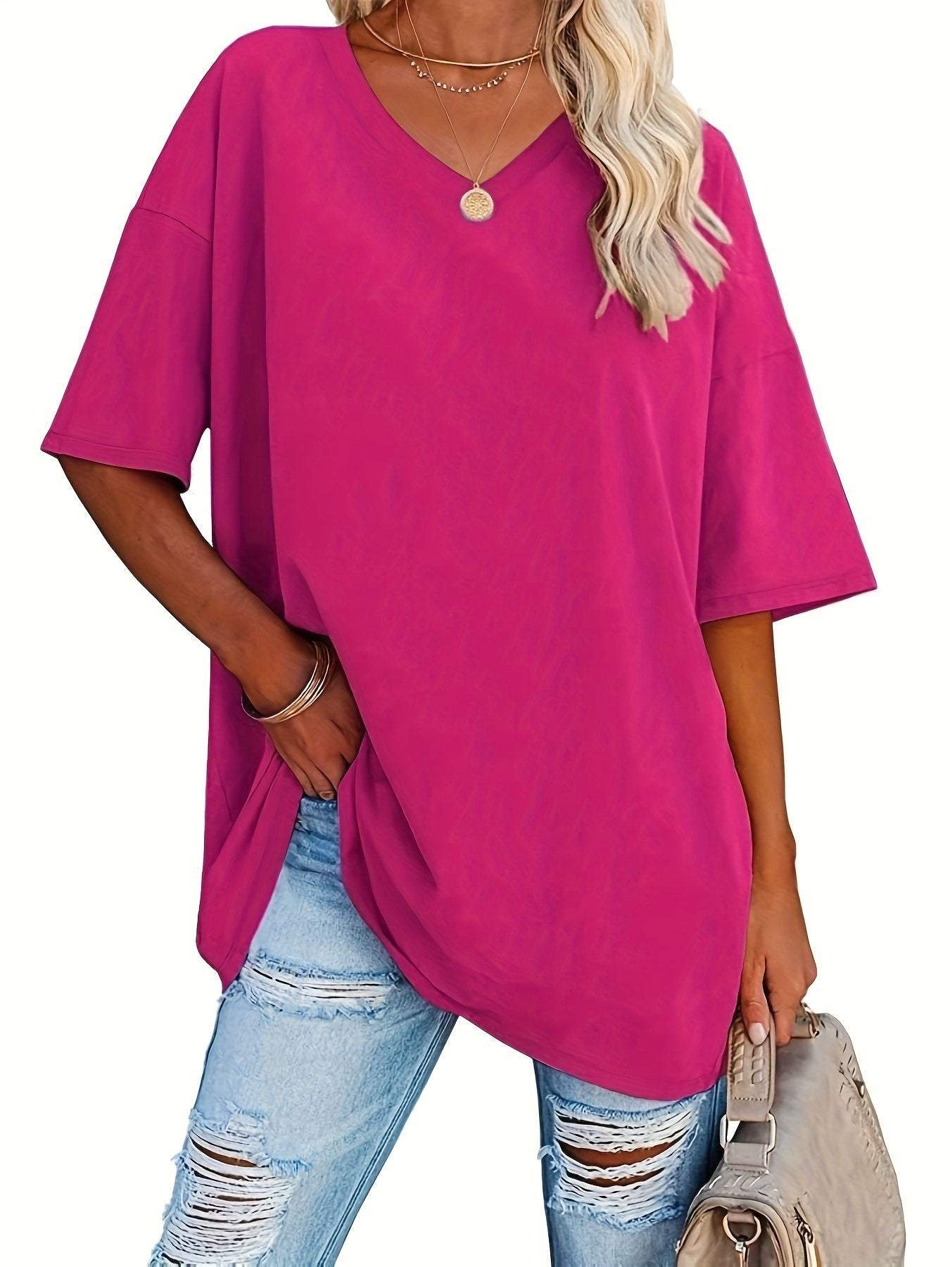 Solid V Neck T shirt Plus Size Casual Half Rose pink