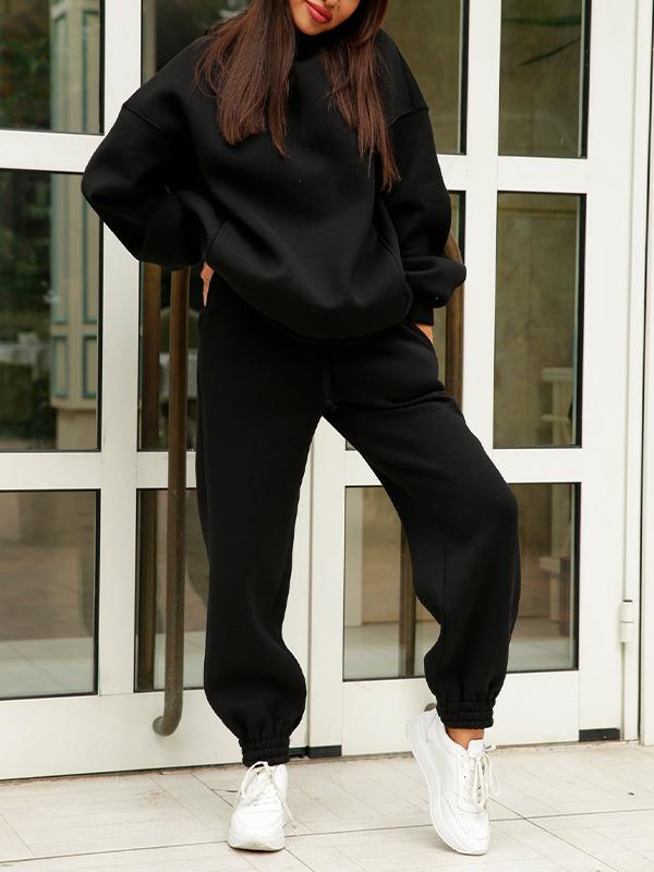 Solid Color Hooded Sweatshirt Casual Two Piece Set black