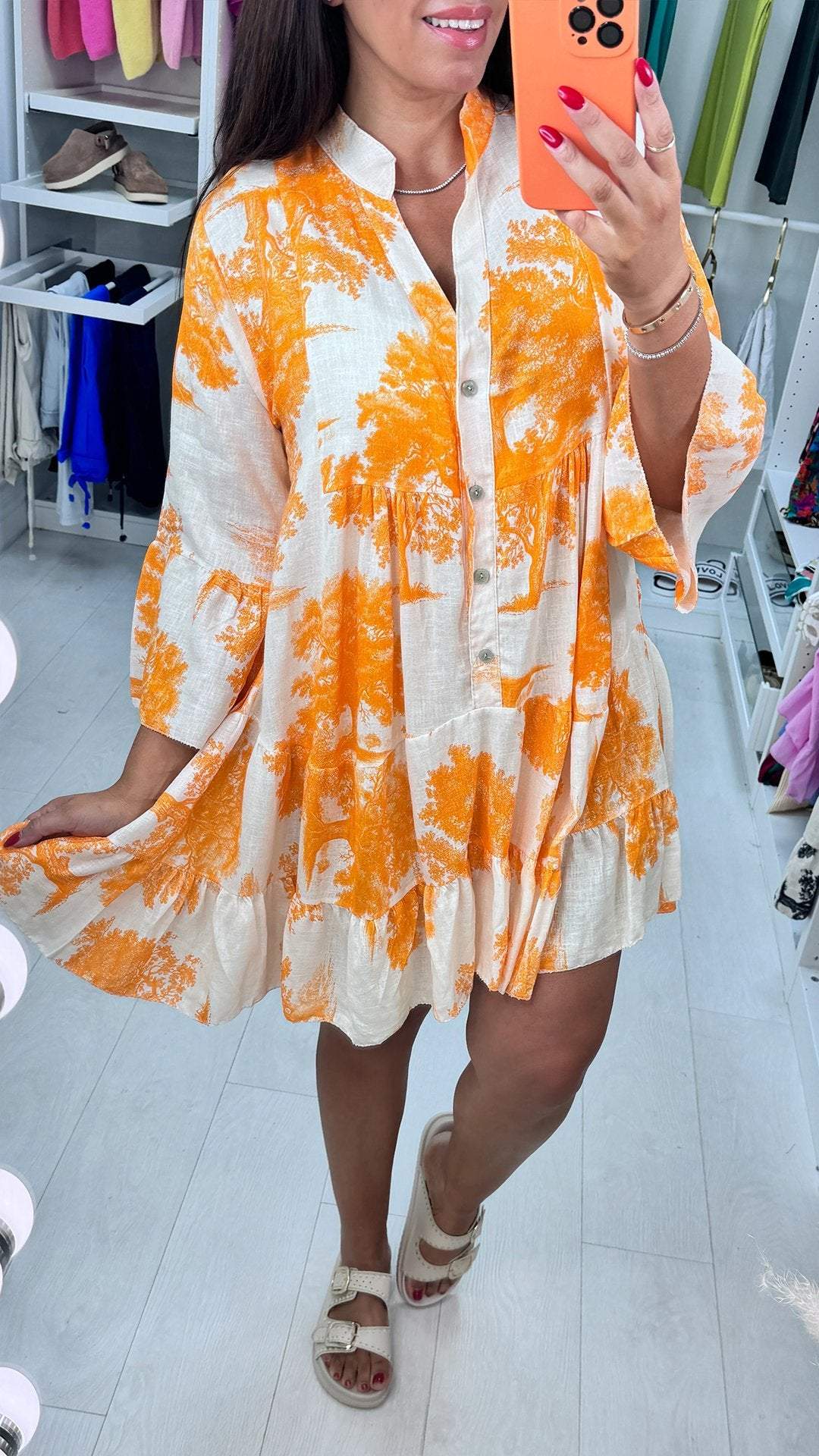 V-neck Printed Dress with Half Sleeves orange