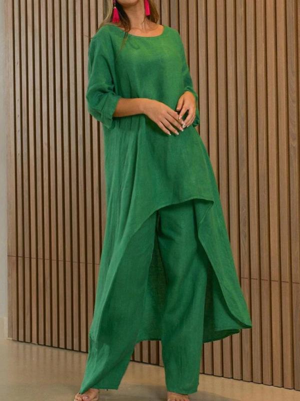 Women's irregular cotton and linen two-piece suit Green