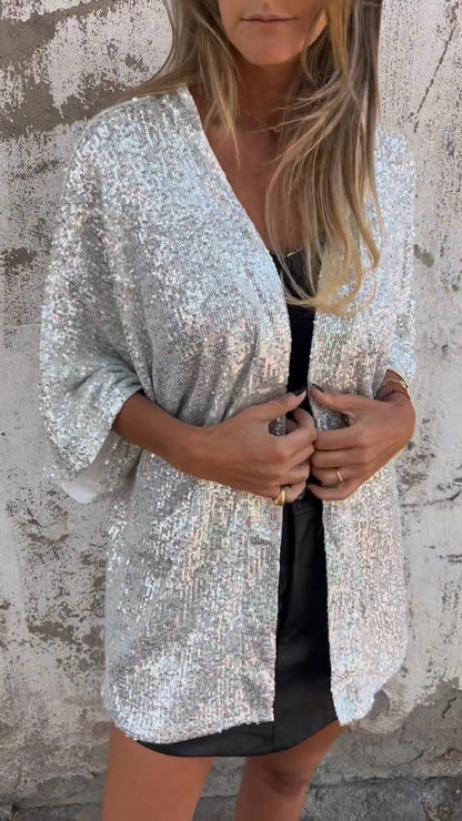 Mid-sleeve Sequined Cardigan Jacket white