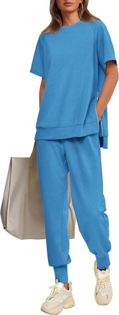 Round Neck Short Sleeve Side Zip Design Suit blue