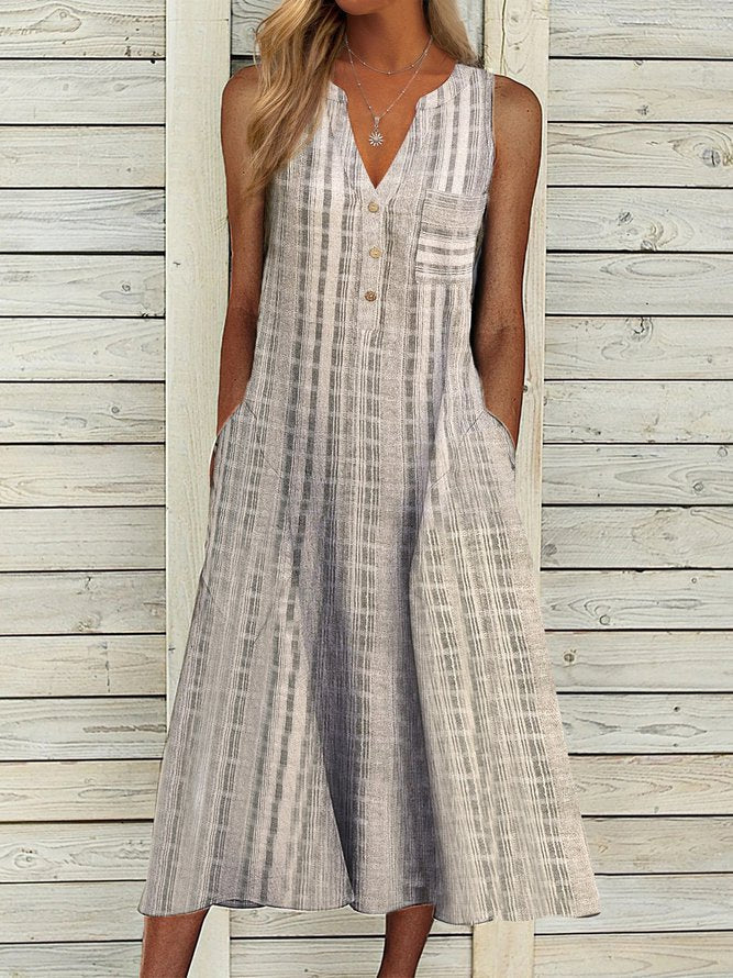 Women Casual Stripes Stand Collar Summer Dress Maxi Dress Grey