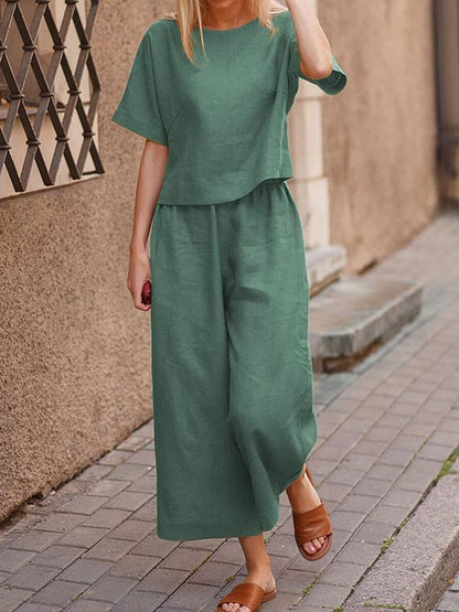 Loose Solid Color Shirt and Trousers Two-piece Set green