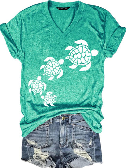 Nature Lover Sea Turtle Beach Casual V Neck Short Sleeve T-Shirt Green