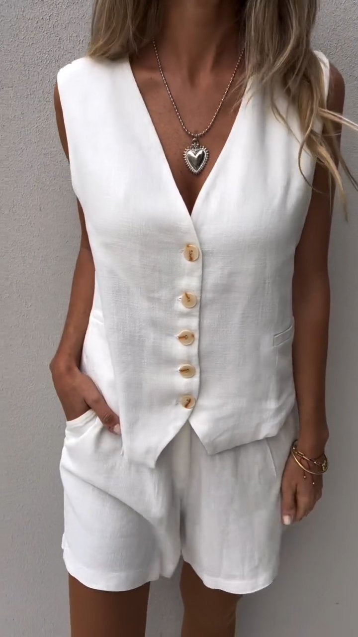 Cotton and Linen Vest Set white