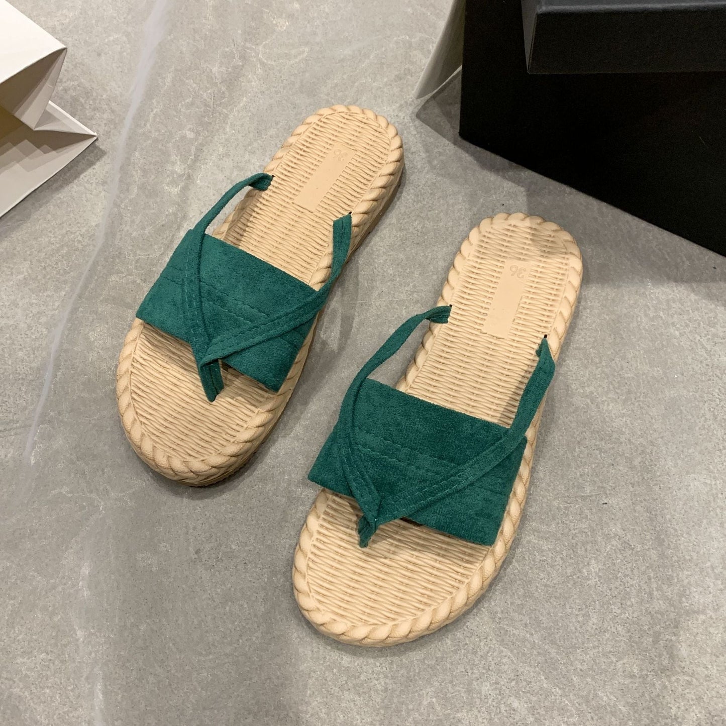 Minimalist Corduroy Thong Sandals Green