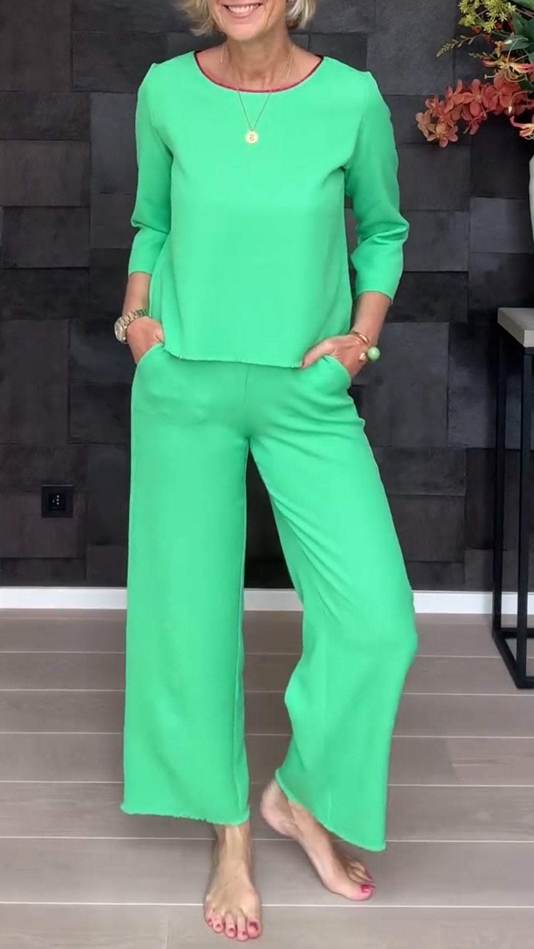 Round Neck Casual Mid-sleeve Two-piece Suit green