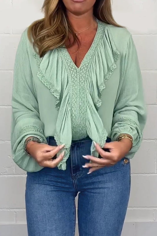 Cotton and linen V-neck casual top Green