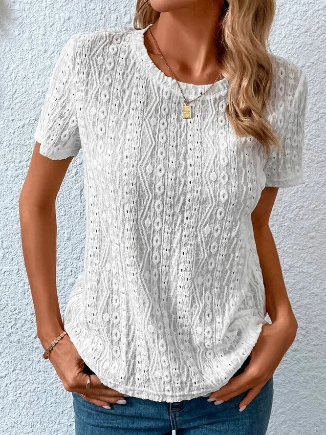 Loose Casual Crew Neck Solid Eyelet Embroidery Round Neck Tee White