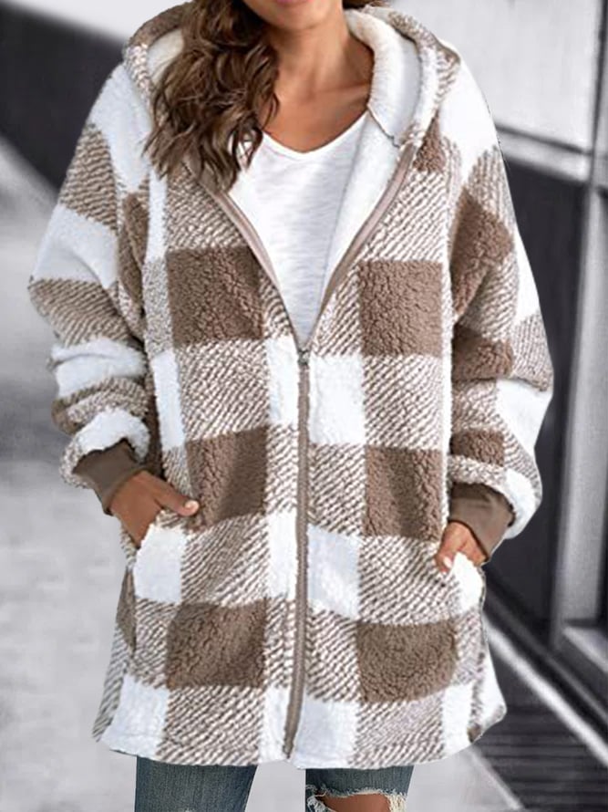 Women Oversized Hoodie Plaid Loose Overcoat Khaki