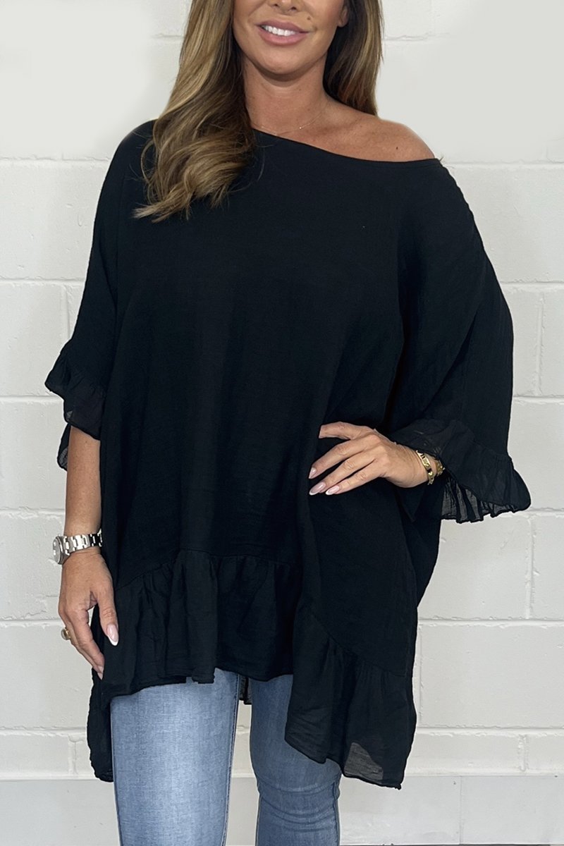 Solid color loose cotton and linen top Black