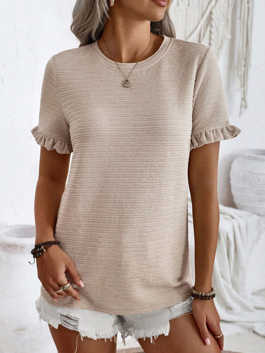 Round Neck Short Sleeve Fungus Casual Top apricot