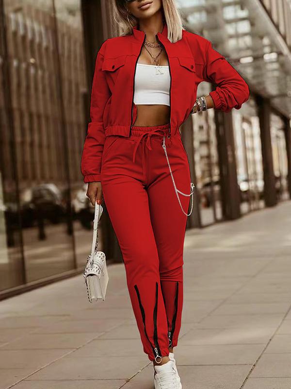 Zipper Design Long Sleeve Top Drawstring Pants Casual Suit Red