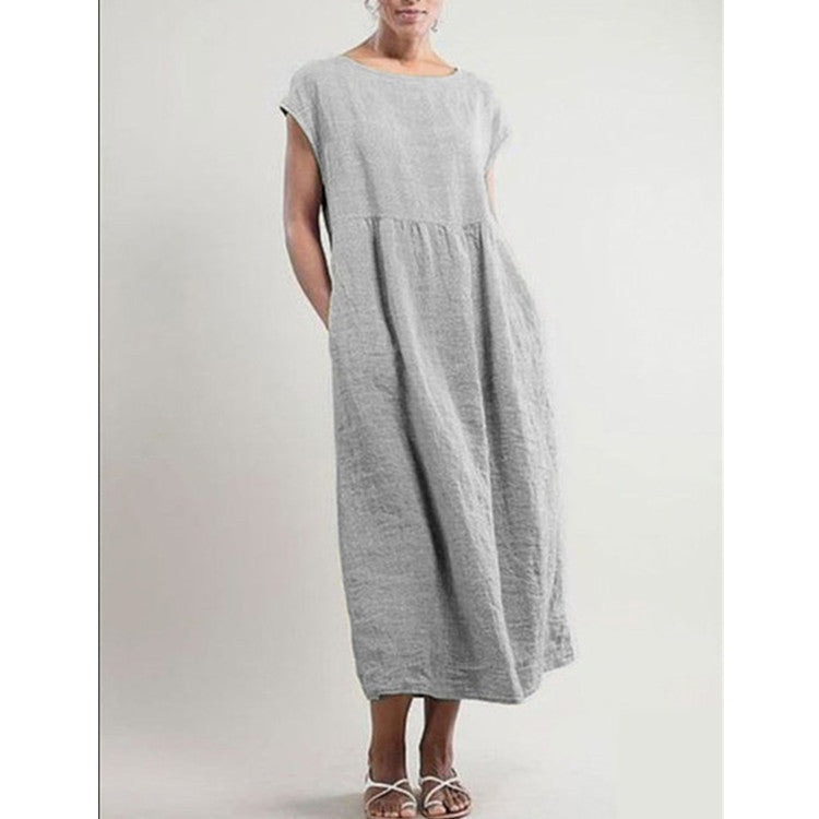 Solid color sleeveless loose cotton and linen pocket dress gray