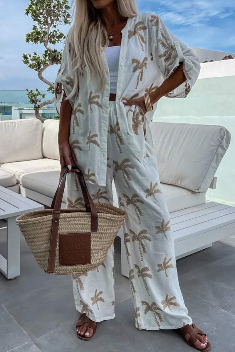 Casual golden palm long shirt and pants White XL(UK 14)