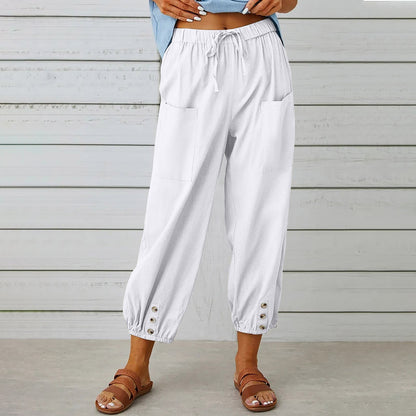 Women's Linen Cotton Pocket Ruffle Casual Pants Wide Leg Pants White