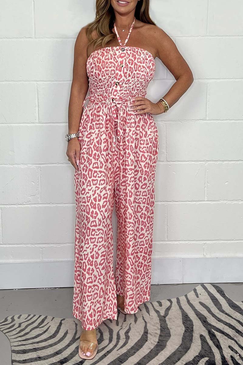 Button leopard print jumpsuit Pink