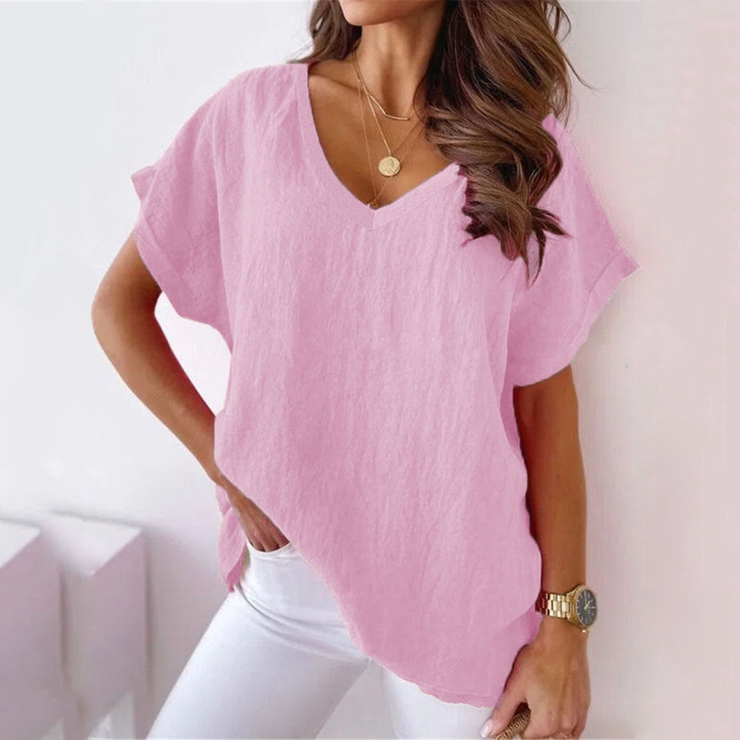 V-neck plain cotton linen T-shirt Pink