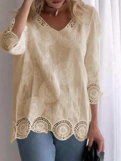 Casual V-neck Lace Hollow Top off-white