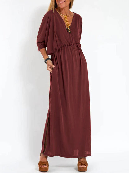 Women's Casual Solid Color V Neck Slit Dress Wine red