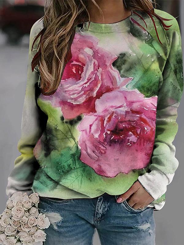 Casual Round Neck Colorful Printed Long Sleeve Top green