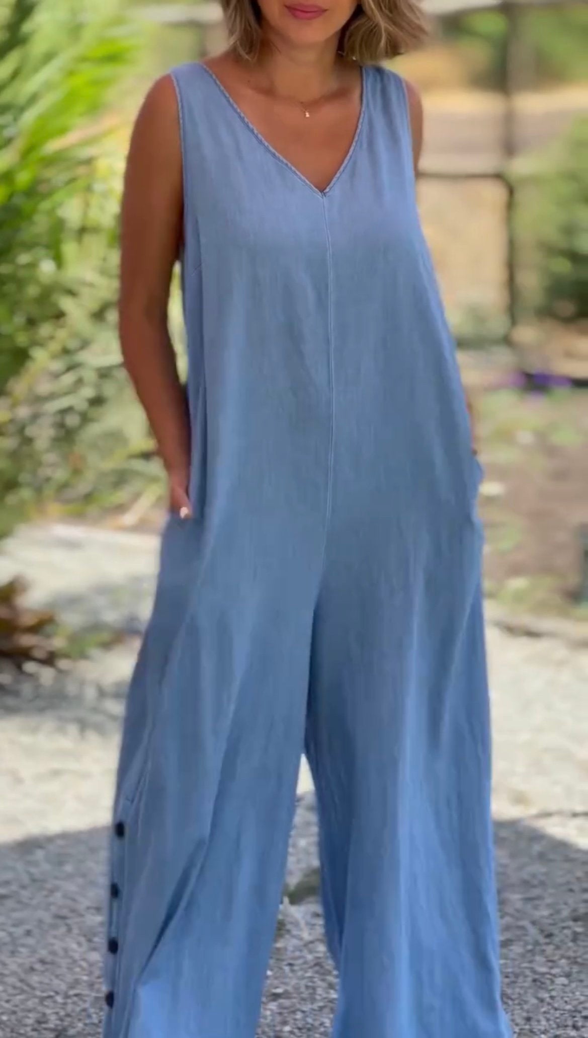 Women's Casual Fake Denim Wide Leg Jumpsuit Light Blue