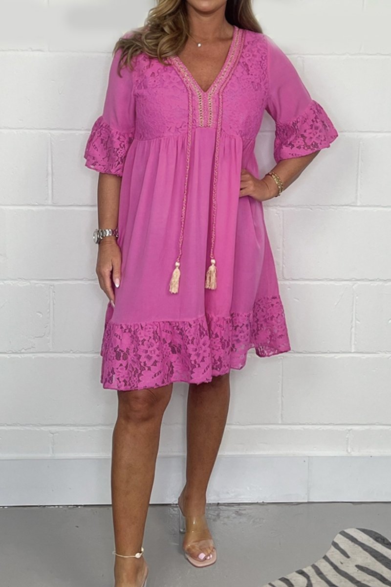 V-neck lace patchwork dress Pink