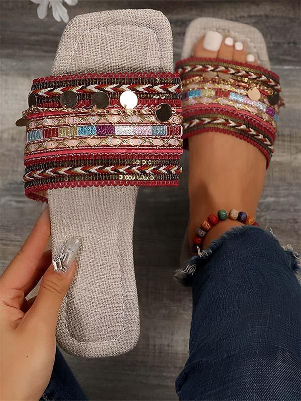 Ethnic Beach Bohemian Open Toe Flat Sandals Red