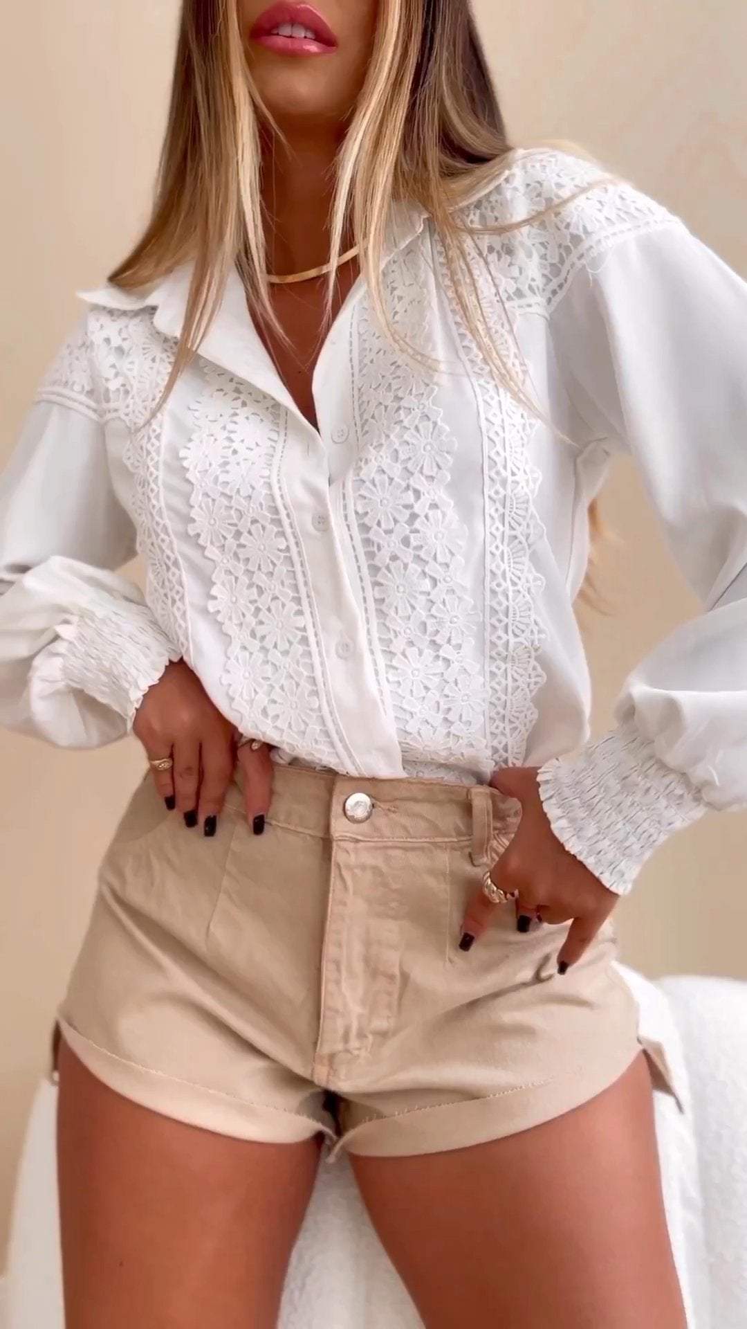 Ladies Lapel Long Sleeve Lace Stitching Shirt