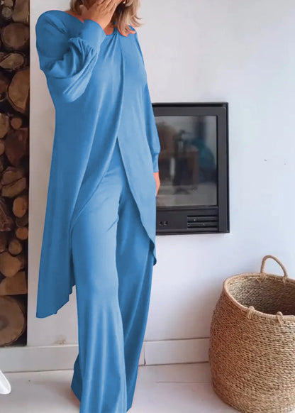 Round Neck Long Cardigan and Trousers Suit blue