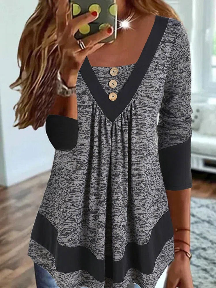 Casual V-neck loose pullover print women's T-shirt Grey