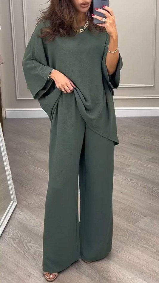 Round Neck Loose Top + Wide Leg Pants Two-piece Suit green