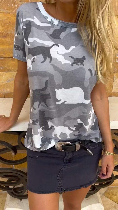 Camouflage Round Neck Short Sleeve Casual T-shirt gray