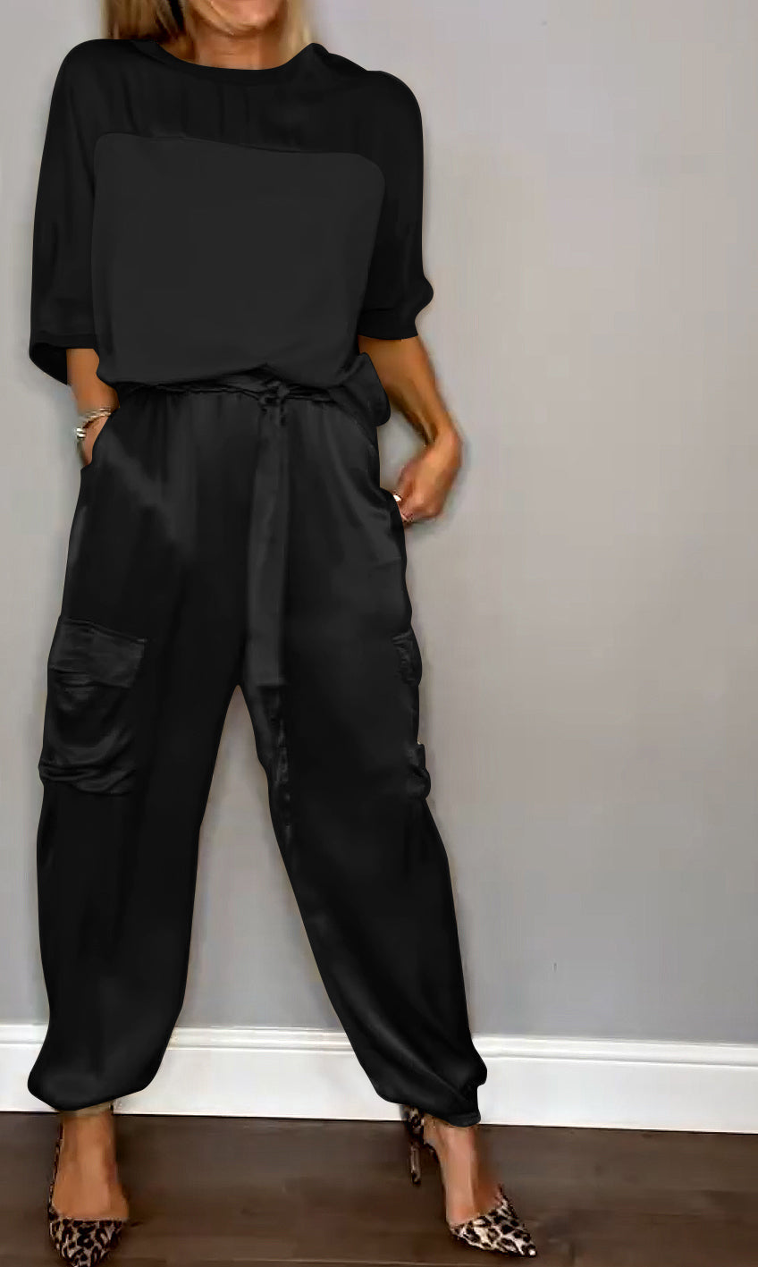 Women's Smooth Satin Half-sleeved Top and Pant Suit Two-piece Black Round neck set