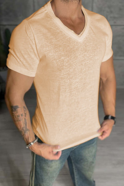 Men's Casual V-Neck Slim Fit Solid Color Short Sleeve T-Shirt