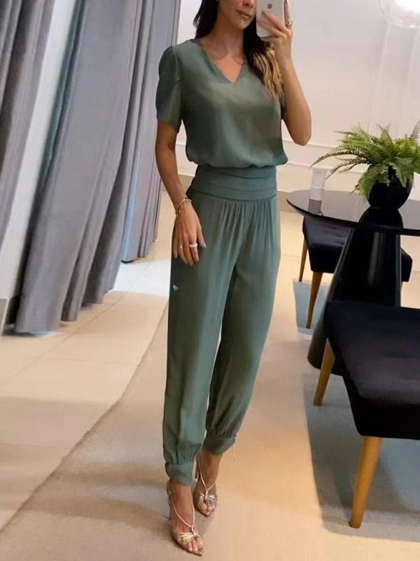 Fashion Casual V-neck Printed Short-sleeved Pant Suit Two-piece Olive