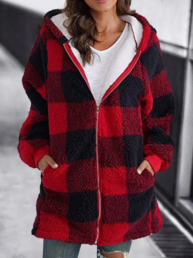 Women Oversized Hoodie Plaid Loose Overcoat Red