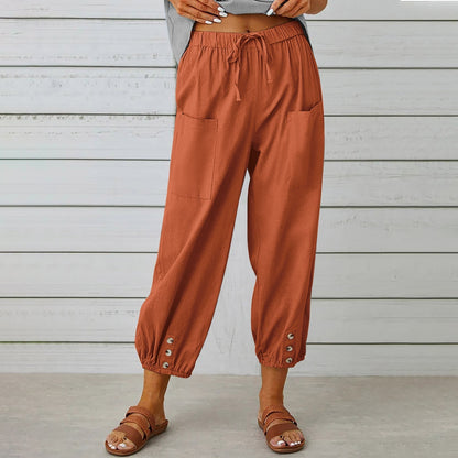 Women's Linen Cotton Pocket Ruffle Casual Pants Wide Leg Pants Brick red