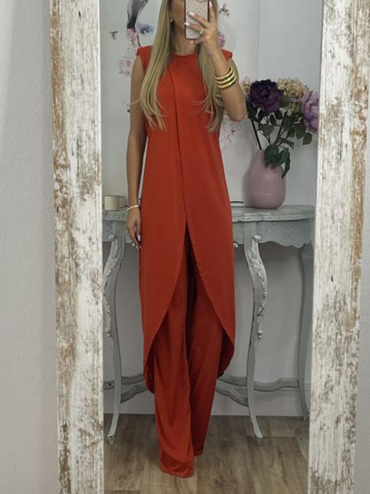 Casual slit top and trousers two-piece set Red