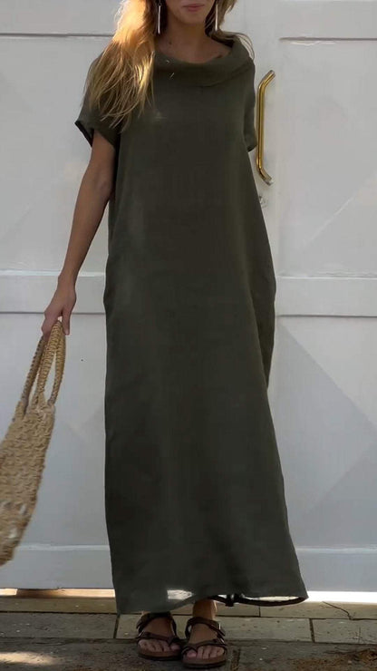 Round Neck Short Sleeve Cotton and Linen Casual Dress army green