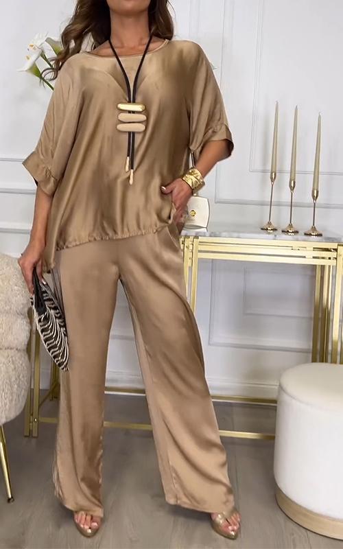 Casual Crew Neck Satin Suit