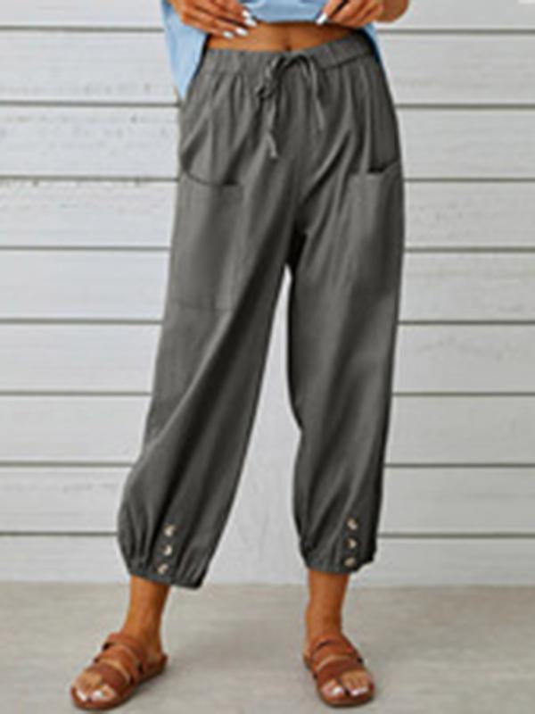 Women's pants High-waisted buttoned cotton hemp pants nine-point pants wide-legged Dark grey