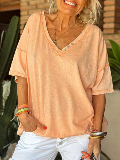 V-neck Short-sleeved Button-down T-shirt orange